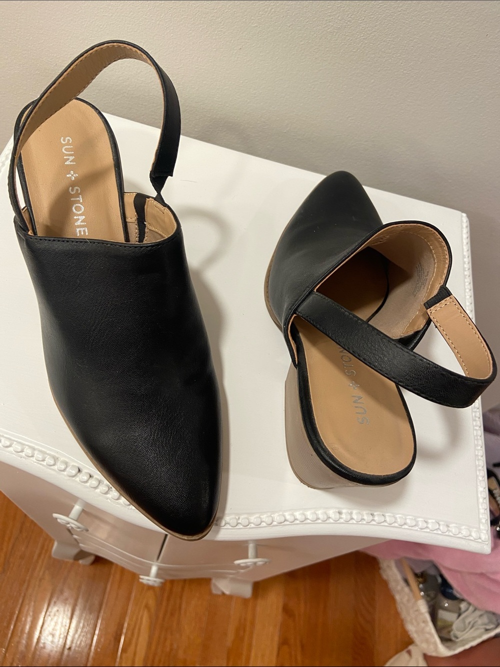 Sun + Stone Black Pointed Slingback Mules